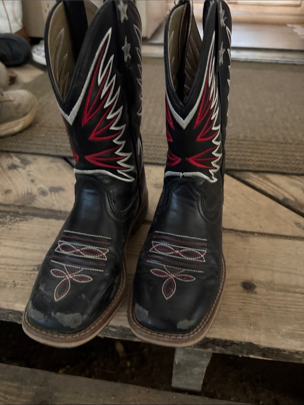 Black Kids Cowboy Boots with Red and White Stitching